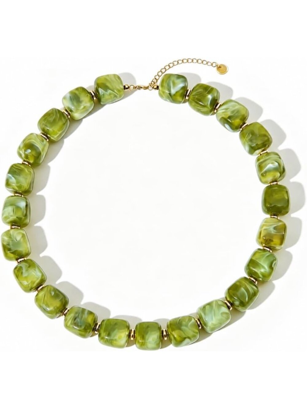 Women Lime Green Chunky Beaded Necklace Gold Plated Marbled Resin Choker Jewelry